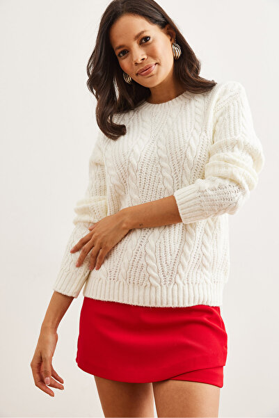 Olalook Ecru Braided Women's Knitwear Sweater - Kzk- 19000806