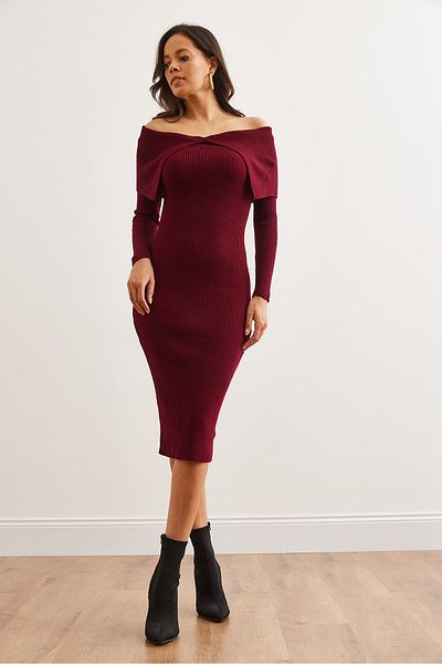 Olalook Rochie de damă bordeaux cu guler Madonna din tricot cu nervuri ELB- 19002330