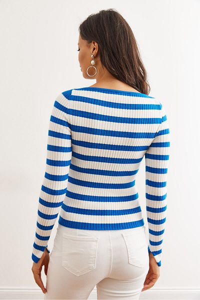 Olalook Saks Blue Striped Boat Neck Knitwear Women's Sweater - Very Soft Textured Kzk- 19000942