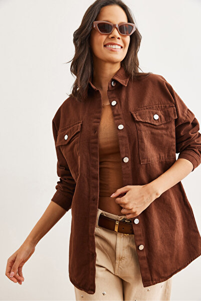 Olalook Women's Brown Double Pocket Cotton Gabardine Shirt Gml- 19001272