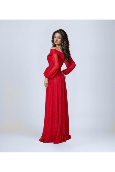 OTHERONE Kol Detaylı Kuşaklı Simli Tül Abiye Elbise