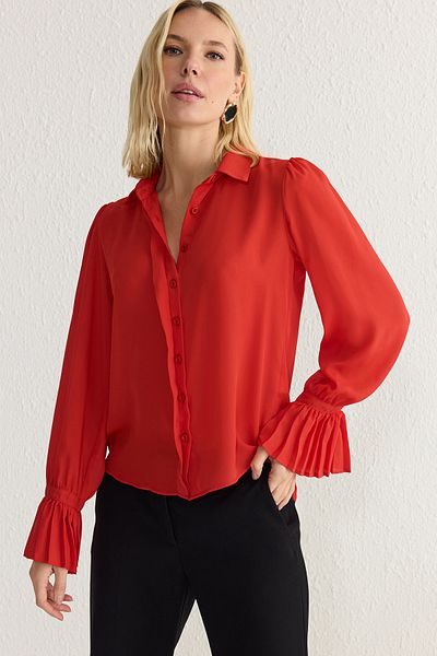 Trendyol Collection Червен испански ръкав с детайли Обикновена стандартна тъкана риза Twoaw22Go0487
