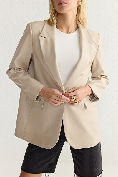 Trendyol Collection Cream Oversize Faux Leather Woven Blazer Jacket Twoss23Bc00049