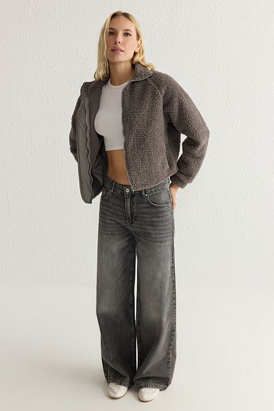 Trendyol Collection Anthracite Plush Woven Garnish Zip Thick Sweatshirt - Twoaw25Sw00139