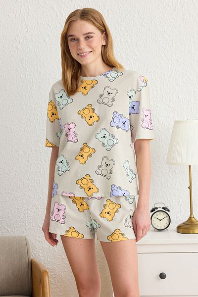 Trendyol Collection Graues Pyjama-Set mit Teddybär-Shorts aus 100 % Baumwolle – THMSS24PT00072