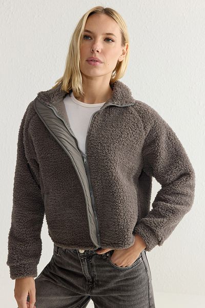 Trendyol Collection Anthracite Plush Woven Garnish Zip Thick Sweatshirt - Twoaw25Sw00139