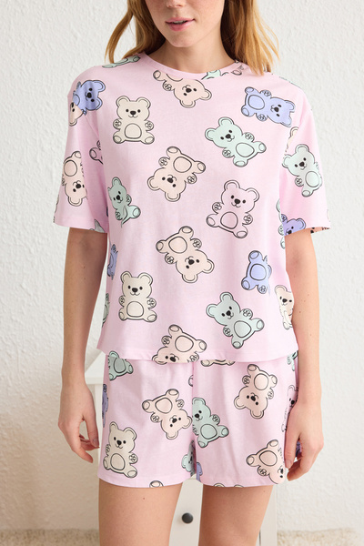 Trendyol Collection Pink 100% Cotton Teddy Bear Shorts Knitted Pajamas Set Thmss24Pt00072