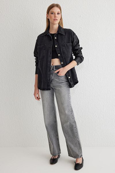 Trendyol Collection Graue Jeans mit hoher Taille und weitem Bein TWOAW24JE00074