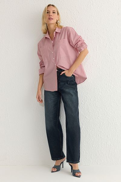 Trendyol Collection Голяма широка тъкана риза с червени райета Twoaw23Go00359