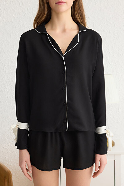 Trendyol Collection Black Lacing/Ribbon/Bow and Piping Detail Viscose Woven Pajamas Set Thmss24Pt00047