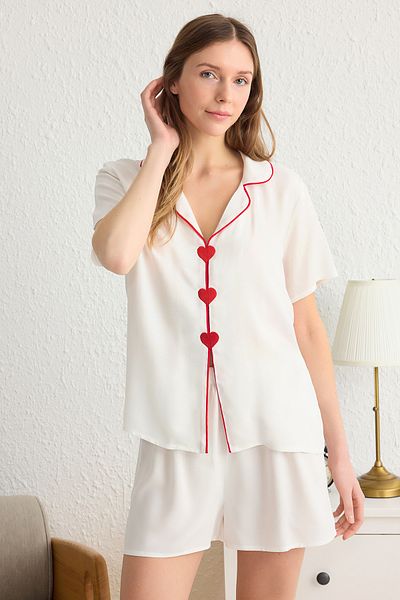 Trendyol Collection White-Multicolor Heart Piping Detail Viscose Woven Pajamas Set Thmss25Pt00002