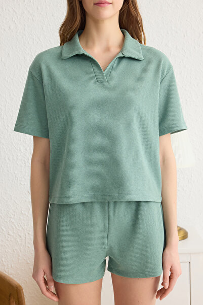 Trendyol Collection Waffle Fabric Mint Slogan Pajamas Set with Shorts - Label Detail Thmss25Pt00072