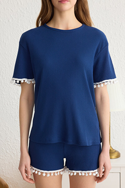 Trendyol Collection Navy Plain Stripe Camisole Knitted Pajamas Set Thmss25Pt00073