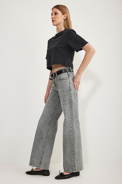 Trendyol Collection Graue Premium-Jeans mit niedriger Taille und weitem Bein TWOSS25JE00083