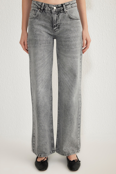 Trendyol Collection Gray Premium Low Waist Wide Leg Jeans Twoss25Je00083