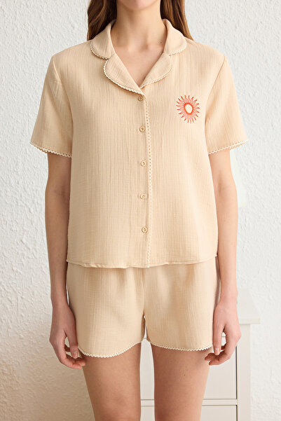 Trendyol Collection Beige Solid Lace Muslin Woven Pajamas Set Thmss25Pt00038