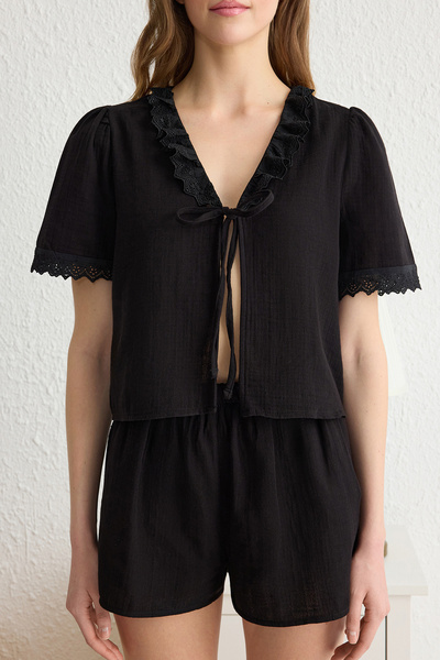 Trendyol Collection Black 100% Cotton Crowned Lacing Detail Muslin Shorts Woven Pajamas Set Thmss25Pt00029