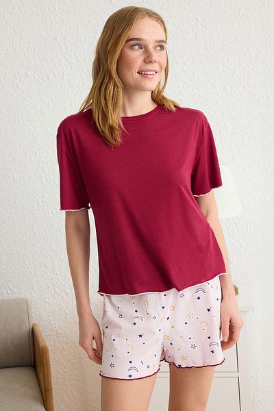 Trendyol Collection Burgunderrotes Baumwoll-Polyester-Galaxy-Baby-Overlock-Single-Jersey-Strickpyjama-Set THMSS24PT00203