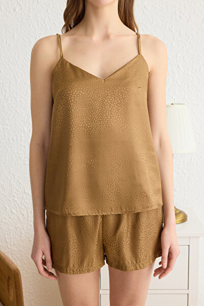 Trendyol Collection Braunes Tier-Satin-Pyjama-Set THMSS25PT00058