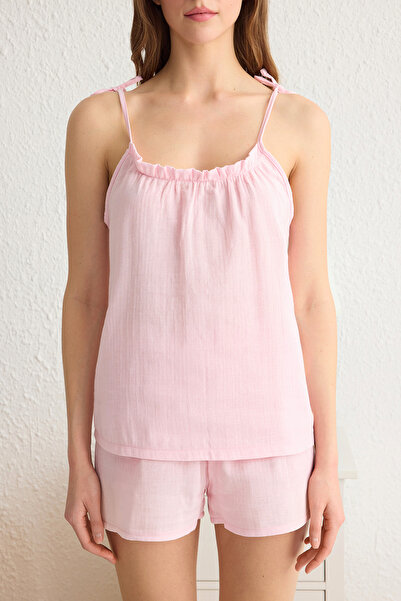 Trendyol Collection Powder Ruffled Rope Strap Binding Detail Muslin Woven Pajamas Set Thmss25Pt00033