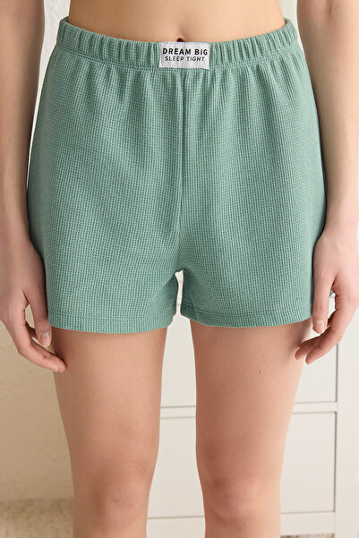 Trendyol Collection Waffle Fabric Mint Slogan Pajamas Set with Shorts - Label Detail Thmss25Pt00072