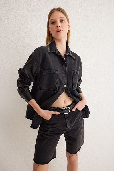Trendyol Collection Черно кожено дънково яке с големи детайли Twoss25Ce00012