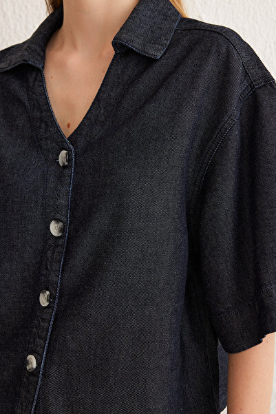 Trendyol Collection Dark Blue 100% Tencel ™ V-Neck Denim Shirt Twoss25Go00001
