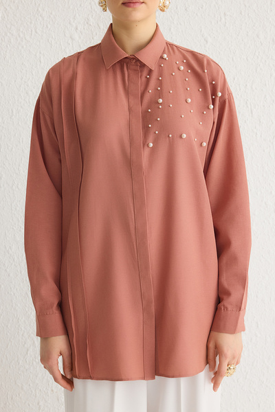 Trendyol Modest Βαμβακερό υφαντό πουκάμισο με λεπτομέρεια κανέλας TCTSS24TG00032