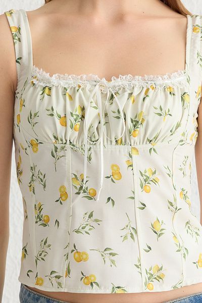 Trendyol Collection Lemon Print Ecru Crop Blouse with Straps and Gathered Front Twoss25Bz00052