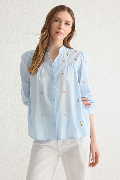 Trendyol Collection Blue Floral Embroidery Woven Shirt Twoss23Go00152