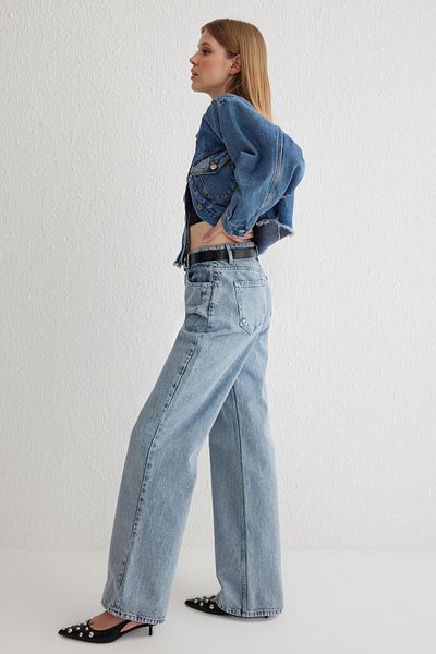 Trendyol Collection Blugi drepți lungi cu talie înaltă, albastru deschis TWOAW23JE00345