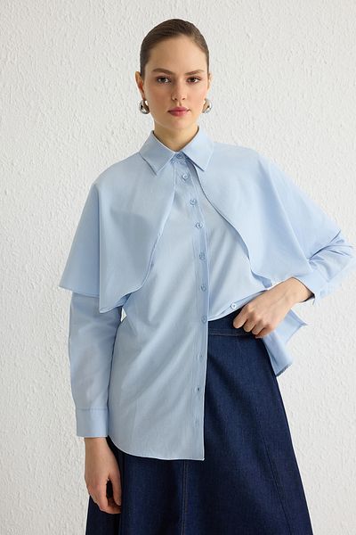 Trendyol Modest Cămașă țesătă cu pelerină albastră TCTSS25TG00005