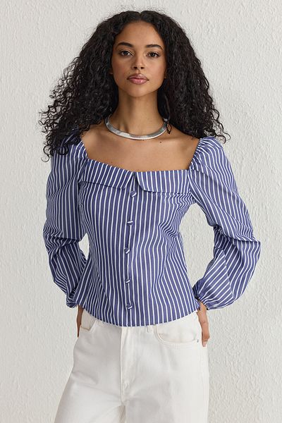 Trendyol Collection Μπλε ριγέ μπλούζα με μακριά μανίκια και λεπτομέρεια ώμου με κορδόνι - TWOSS25BZ00112