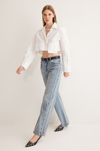 Trendyol Collection Blugi cu talie obișnuită cu cusături albastre TWOSS25JE00033