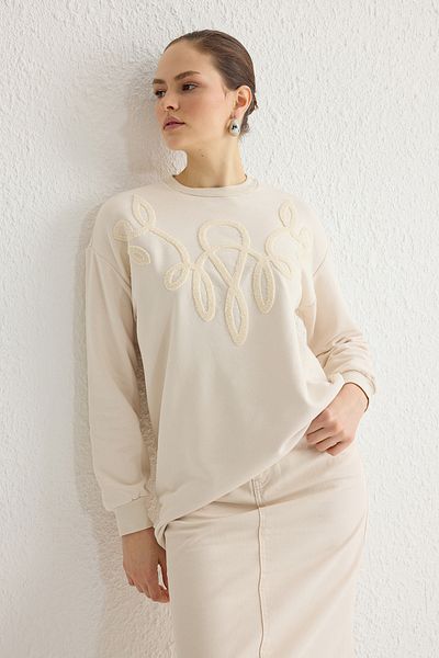 Trendyol Modest Μπεζ Κέντημα Λεπτομερές Πλεκτό Φούτερ TCTSS25TW00001