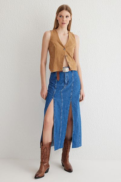 Trendyol Collection Синя джинсова спідниця міді з розрізом TWOSS25ET00001