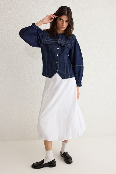 Trendyol Collection Tmavě modrá Sailor Detail límce Kontrastní prošívání Džínová Košile Bunda Twoss25Ce00003