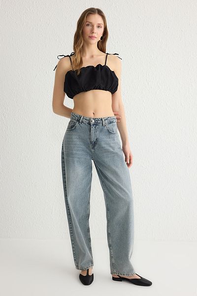 Trendyol Collection Strappy Black Crop Μπλούζα - Πλισέ, Υφαντό, TWOSS25BZ00111