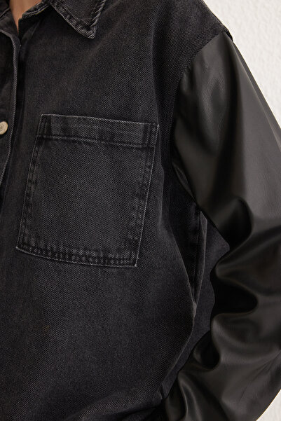 Trendyol Collection Black Contrast Leather Detail Oversize Denim Shirt Jacket Twoss25Ce00012