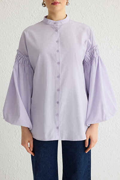 Trendyol Modest Λιλά μπαλόνι μανίκι βαμβακερό υφαντό πουκάμισο TCTSS24TG00048