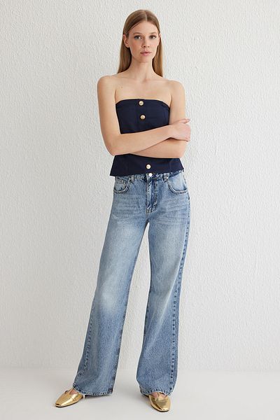 Trendyol Collection Blugi albaștri cu picioare largi - talie normală TWOSS25JE00067