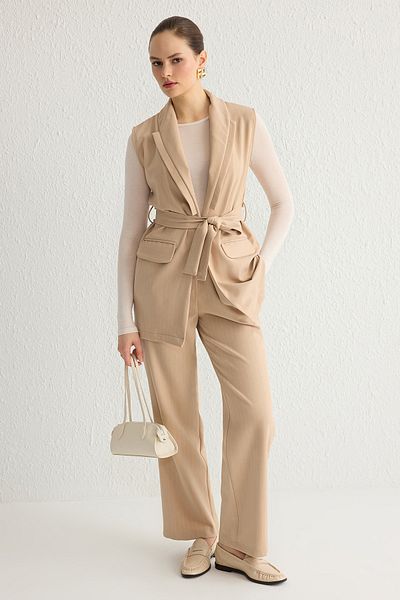 Trendyol Modest Striped Beige Vest and Trousers Set - Pocket Detail, Woven Tctss25Us00006