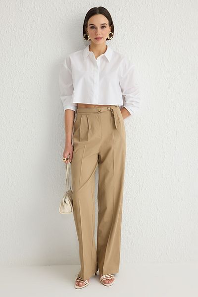 Trendyol Collection Beige Straight/Straight Cut Belt Detailed Woven Trousers Twoss24Pl00023