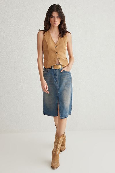 Trendyol Collection Kék hasított midi farmer szoknya TWOSS25ET00022