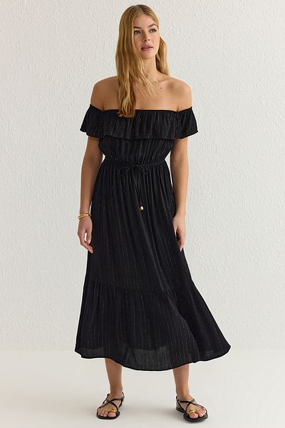 Trendyol Collection Μαύρη ριγέ φούστα με ανοιγόμενη μέση Midi υφαντό φόρεμα TWOSS25EL00020