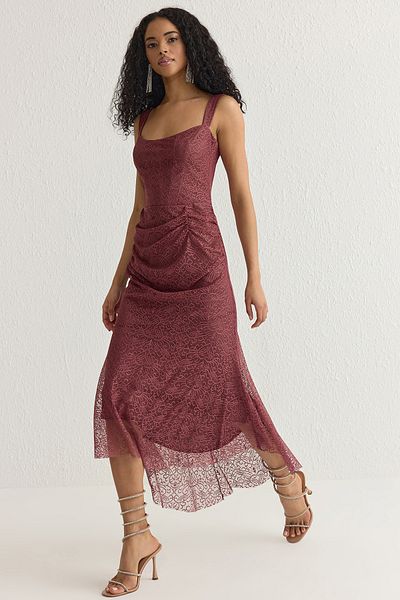 Trendyol Collection Dusty Rose Spitzen-Strickkleid mit Futter und Kordelzug – TPRSS25EL00048
