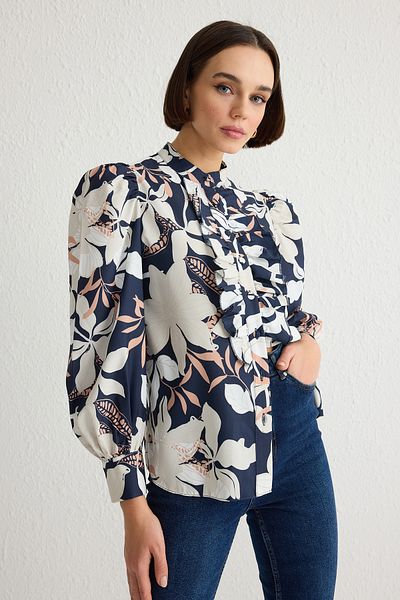 Trendyol Collection Námořnická modrá košile s květinovým potiskem nařasená šifonová košile - stojáček Twoaw22Go0117