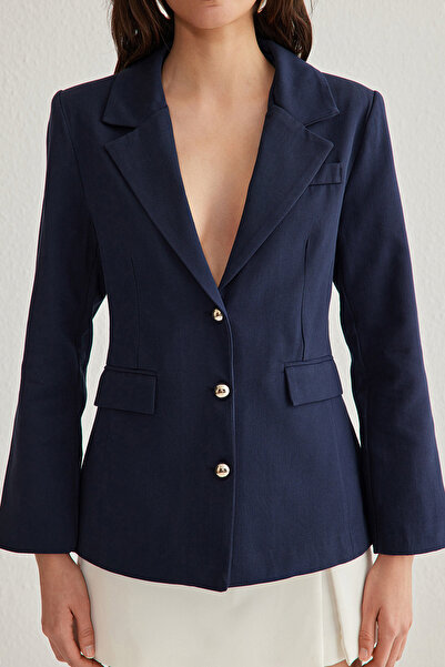 Trendyol Collection Navy Blue Fitted Gabardine Button Detail Blazer Jacket Twoss25Bc00006