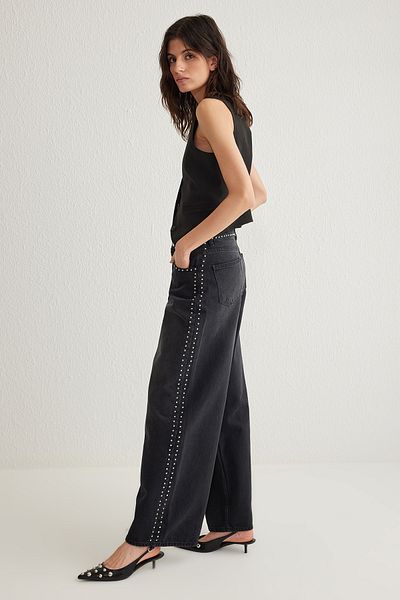 Trendyol Collection Black Silver Troc Stone Detailed Palazzo Jeans - Regular Waist, Extra Wide Leg Twoss25Je00024