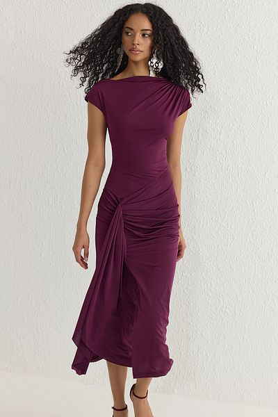 Trendyol Collection Βραδινό φόρεμα με κορδόνια με ρυθμιζόμενο κορδόνι με δαμάσκηνο TPRSS25EL00137